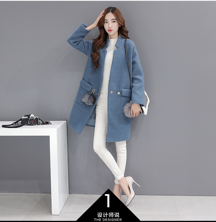 JEANE-SUNP 秋冬新款韩版女装中长款毛呢外套修身显瘦呢子大衣配毛球