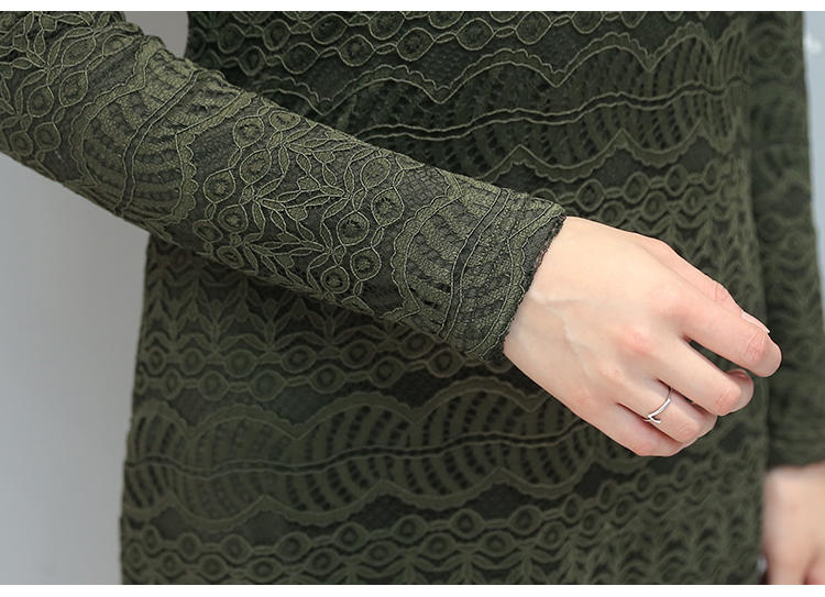 JEANE-SUNP 冬季韩版新款加绒长袖蕾丝拼接中长款打底连衣裙潮
