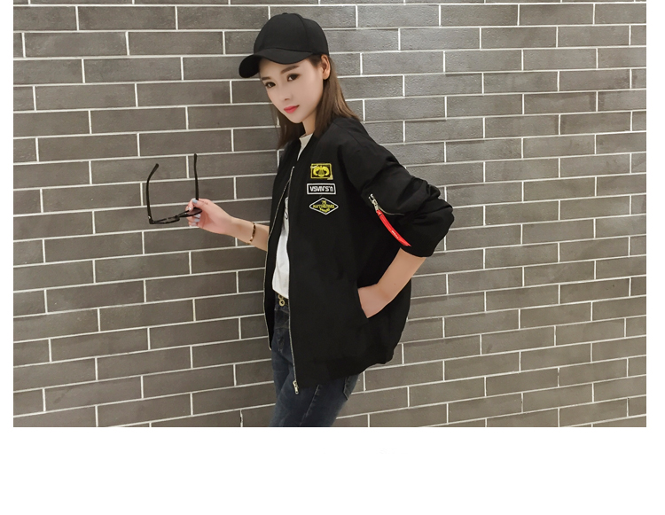 JEANE-SUNP 韩版女装秋装新款棒球服装贴布宽松显瘦长袖短外套女潮纯黑色