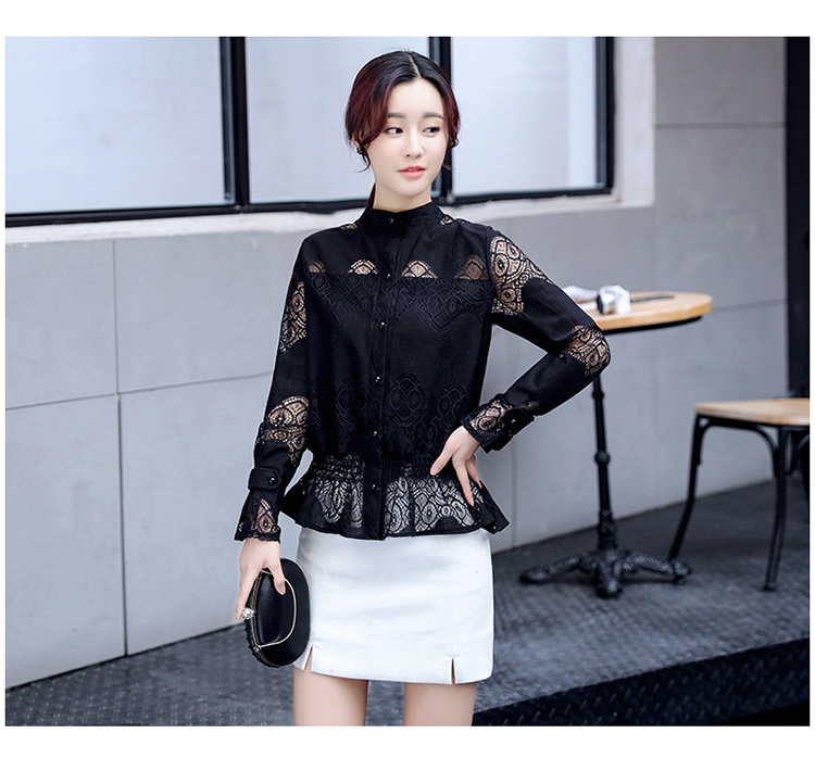 JEANE-SUNP 蕾丝衫女韩版修身立领镂空短款上衣长袖打底衫