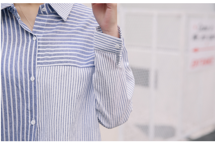 JEANE-SUNP 春装新款棉麻蓝白条纹衬衫女长袖韩版衬衣宽松气质春秋百搭潮