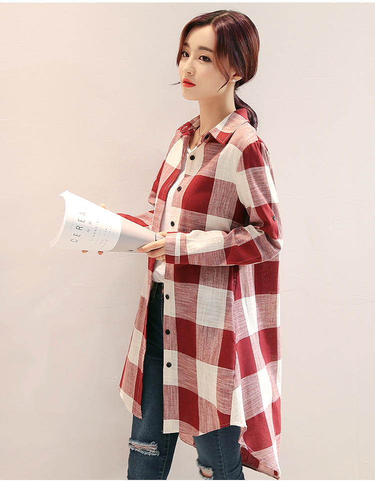 JEANE-SUNP 春夏装新款格子衬衫女装韩版长袖中长款衬衣棉麻短袖上衣大码