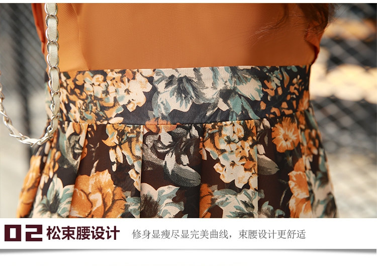 JEANE-SUNP 新款韩版雪纺拼接连衣裙女装印花中裙修身显瘦时尚假两件套裙