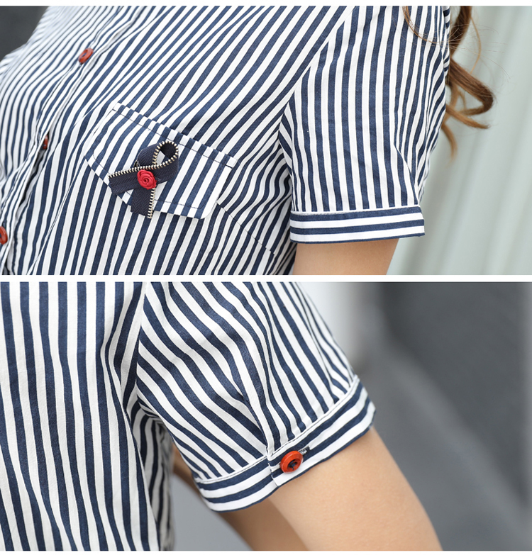 JEANE-SUNP 夏季时尚甜美优雅条纹单排扣短袖中腰显瘦修身连衣裙