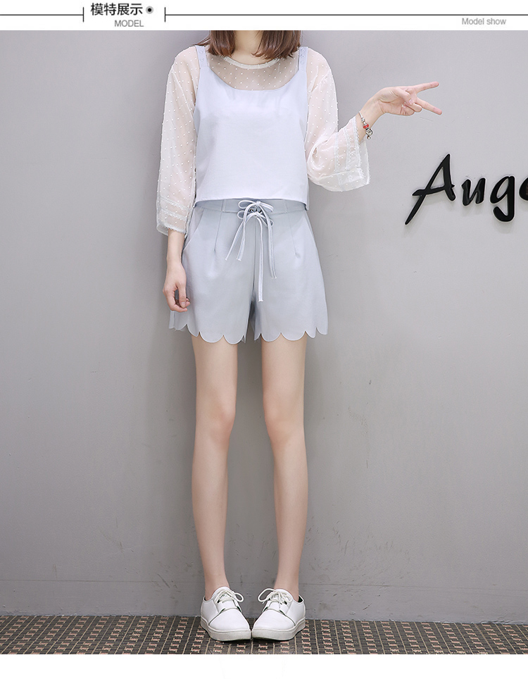 JEANE-SUNP 夏新款女装韩版纯色显瘦修身蕾丝假两件套休闲套装女潮