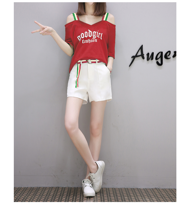 JEANE-SUNP 夏季新款韩版时尚套装女露肩t恤短袖显瘦短裤气质学生两件套
