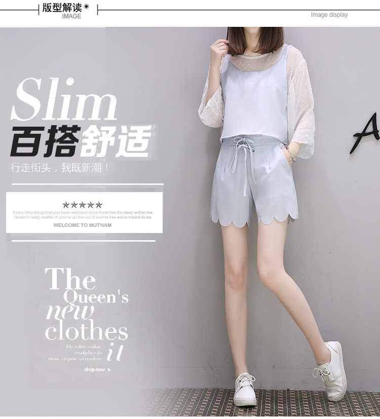 JEANE-SUNP 夏新款女装韩版纯色显瘦修身蕾丝假两件套休闲套装女潮