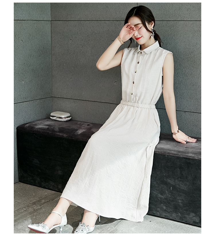 JEANE-SUNP夏季中长款 翻领无袖收腰纯色简约气质优雅连衣裙
