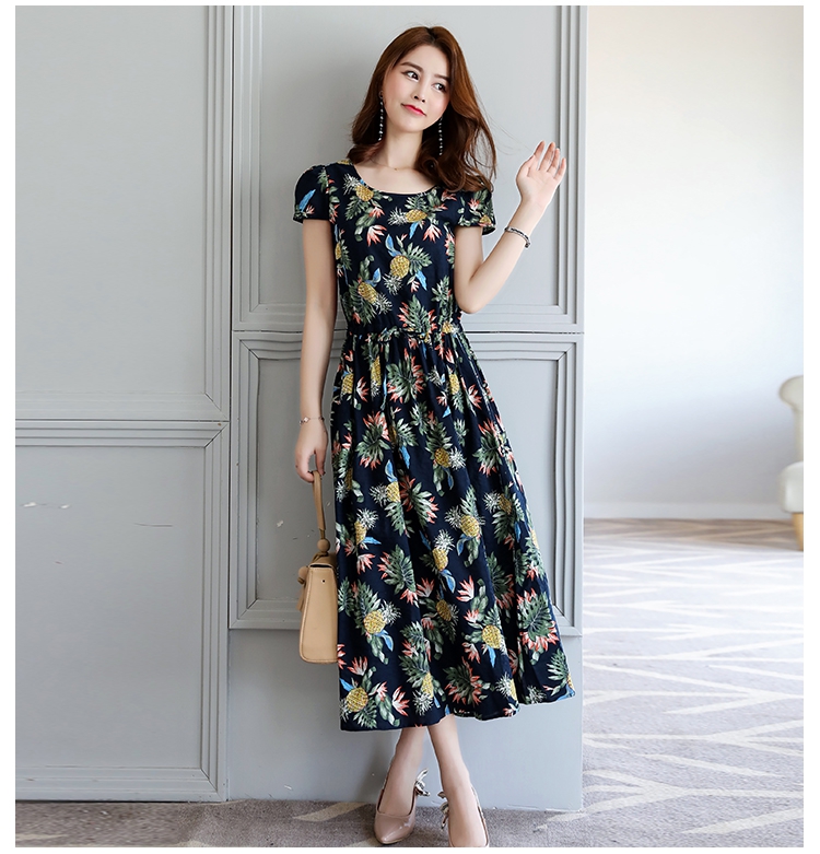 JEANE-SUNP 夏季时尚优雅印花圆领短袖显瘦修身甜美连衣裙