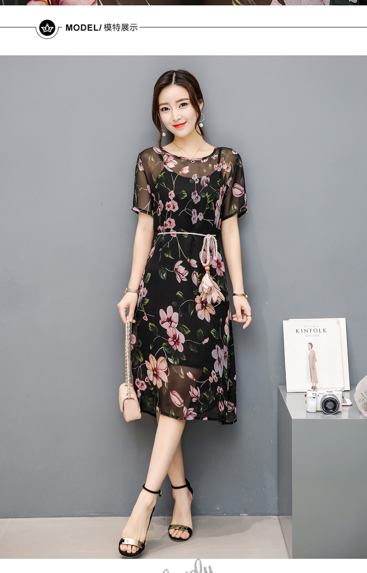 JEANE-SUNP 夏季新款韩版修身显瘦雪纺裙系带短袖气质中长款连衣裙