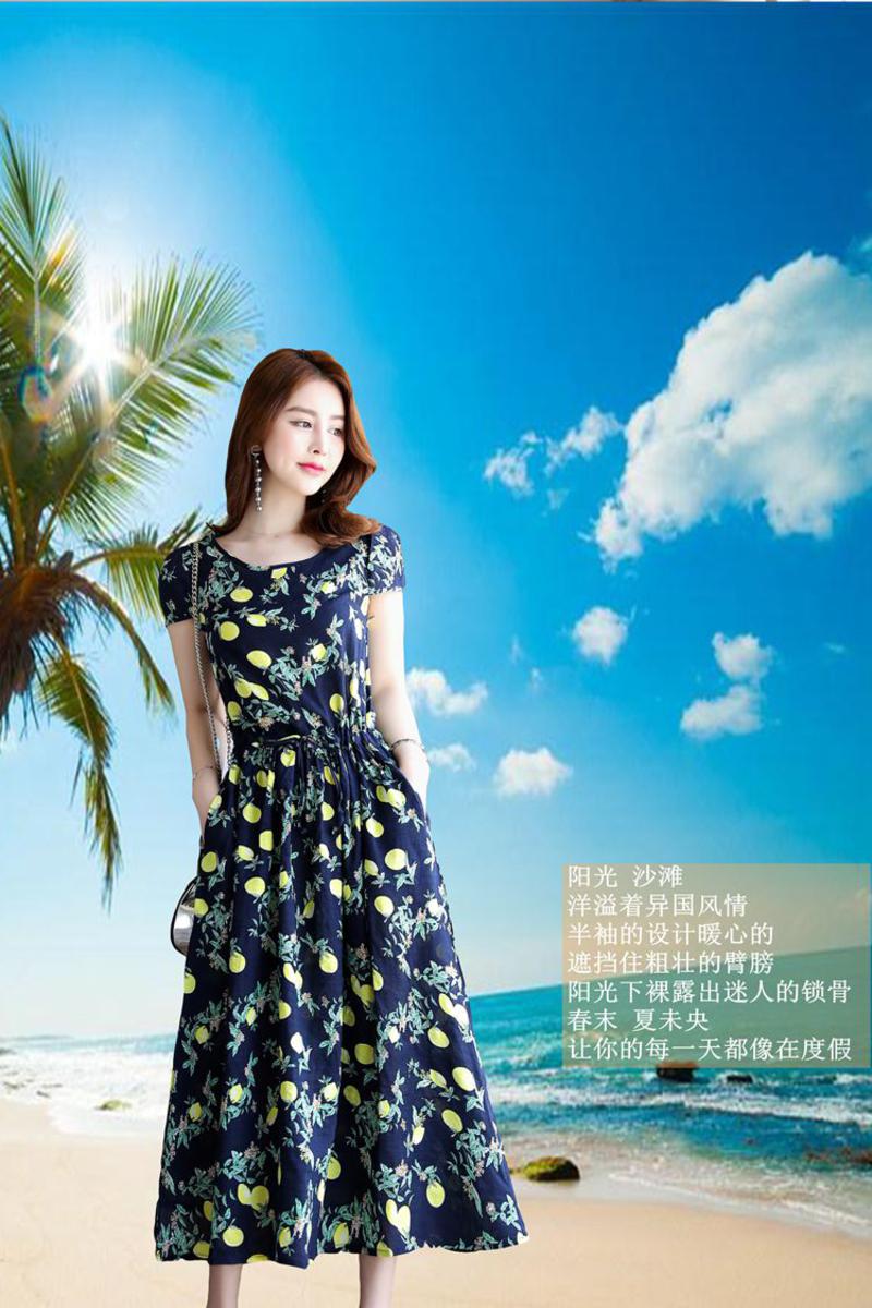 JEANE-SUNP 夏季时尚优雅印花圆领短袖显瘦修身甜美连衣裙