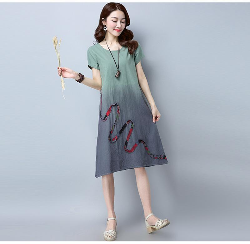 JEANE-SUNP 夏季A型宽松时尚气质圆领短袖韩版百搭简约街头渐变连衣裙