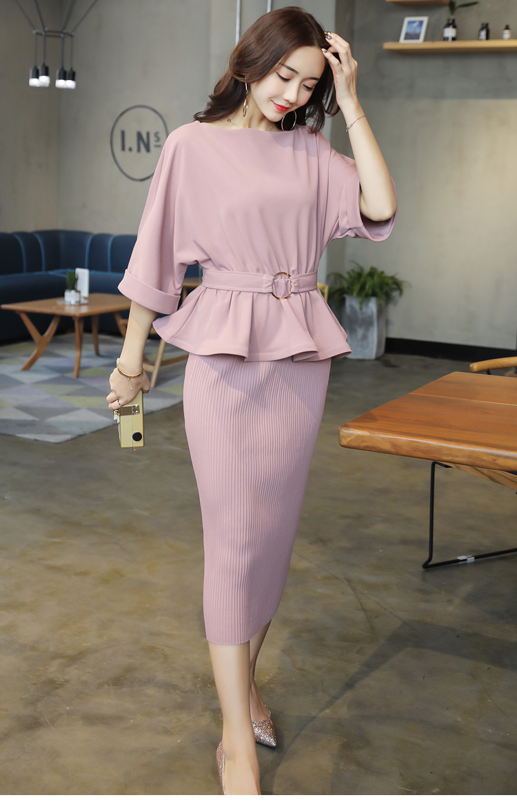 JEANE-SUNP 休闲简约甜美套裙纯色七分袖上衣+纯色显瘦修身半身裙
