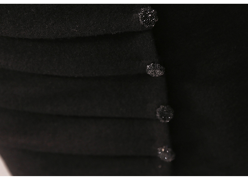 JEANE-SUNP 秋季中腰复古毛呢涤纶黑色H型抽褶不对称包臀裙半身裙纯色纽扣