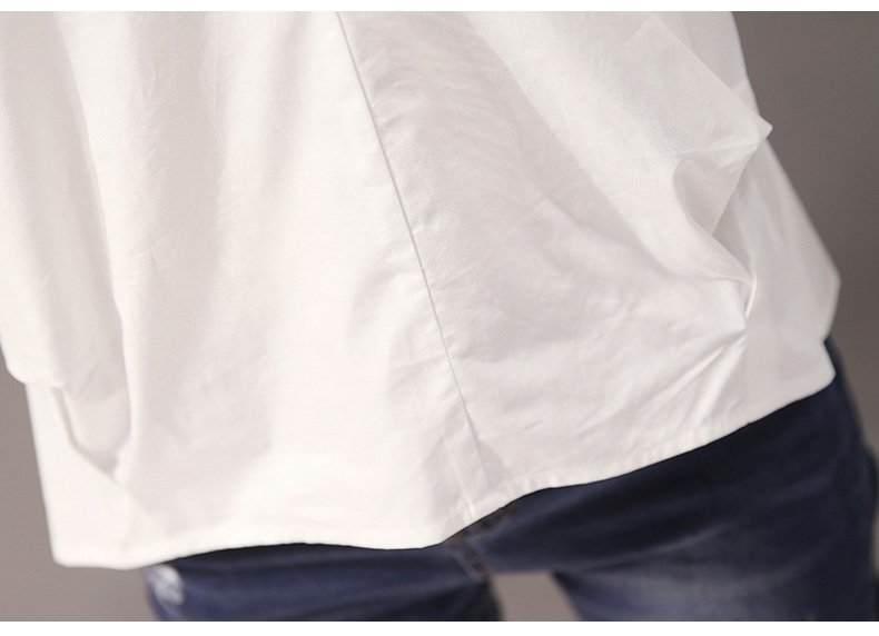 JEANE-SUNP 秋季套头V领七分袖中长款高腰型纽扣抽褶白色插肩袖百搭纯色衬衫