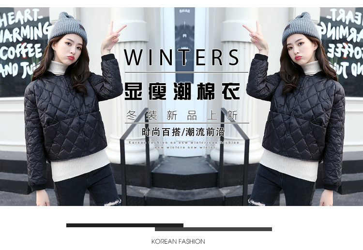 JEANE-SUNP 冬季黑色常规单排扣圆领修身显瘦气质韩版简约短款长袖纯色棉衣