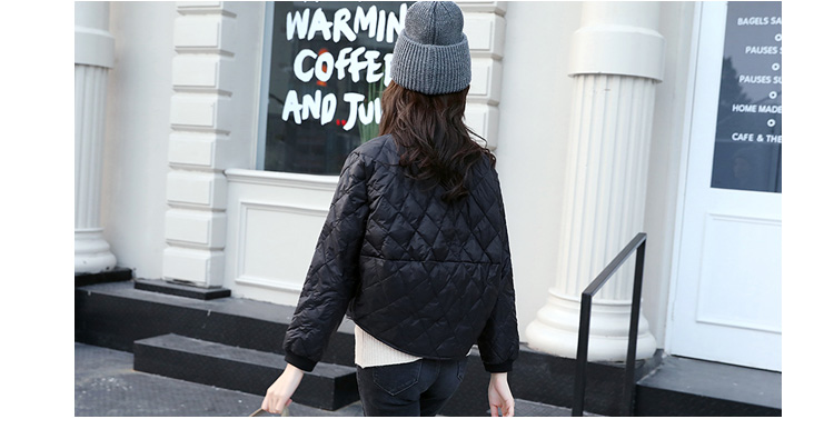 JEANE-SUNP 冬季黑色常规单排扣圆领修身显瘦气质韩版简约短款长袖纯色棉衣