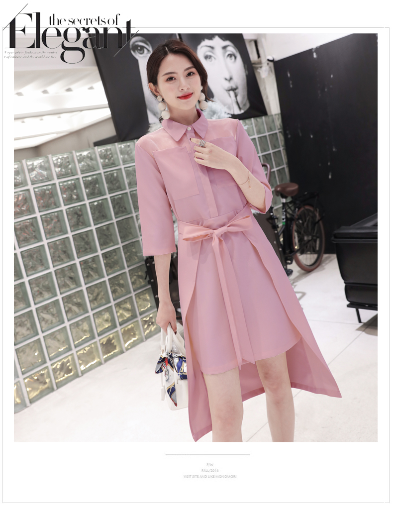 JEANE-SUNP春装新款时尚个性粉色H型不规则中长款七分袖假两件套连衣裙