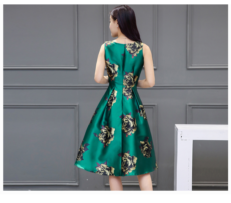 JEANE-SUNP夏季新款无袖短袖花朵图案圆领高腰中长款连衣裙