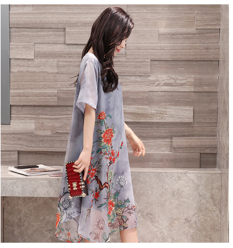 JEANE-SUNP夏装新款韩版大码中国民族风复古印花宽松中长款雪纺连衣裙