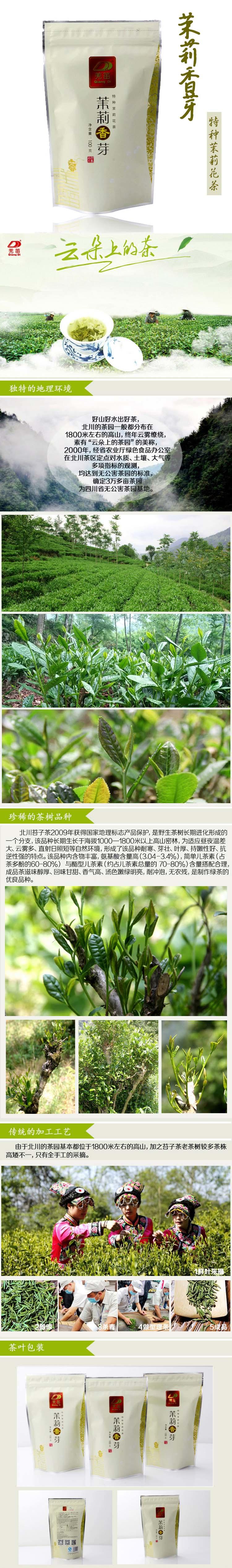 四川花茶北川特级浓香型茉莉花茶茉莉香芽100g袋装