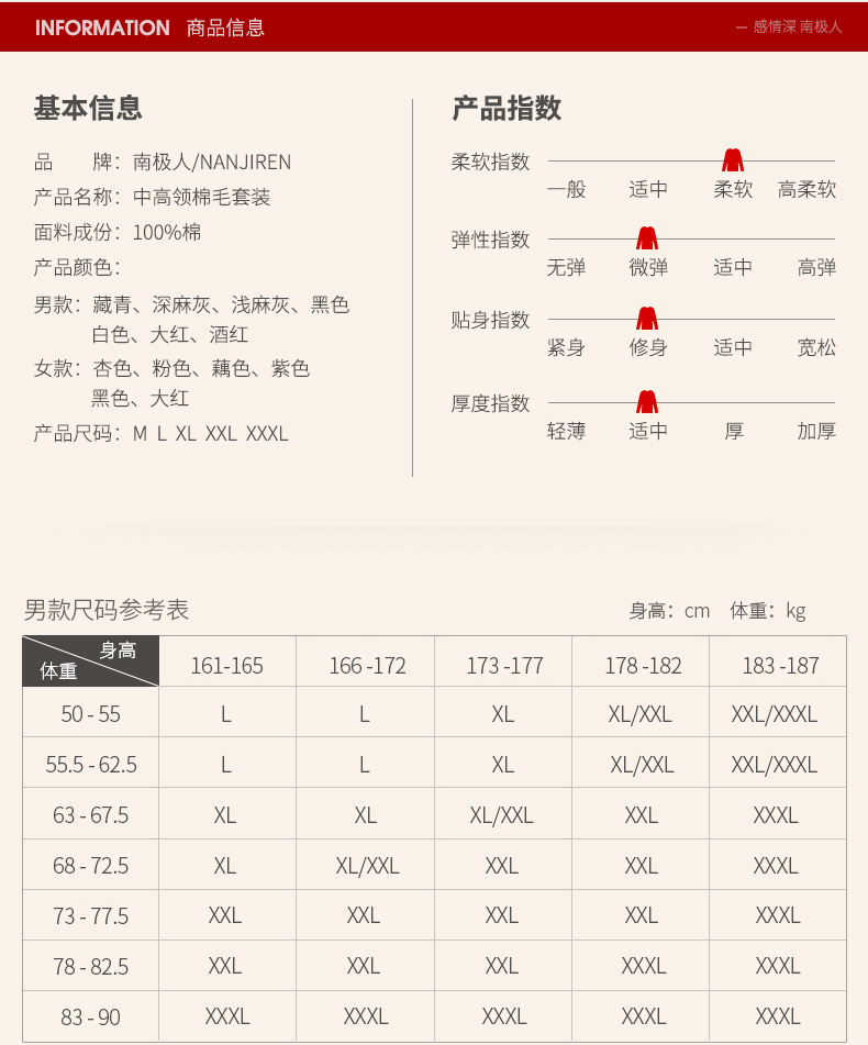 【长沙馆】南极人（Nanjiren）男女士秋冬薄款保暖内衣套装中老年中领棉毛衫【长沙县】