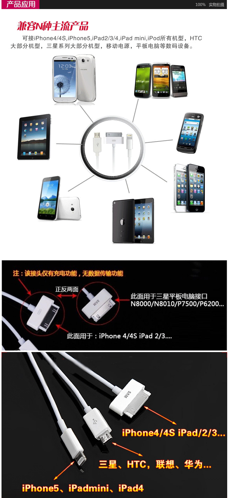 多功能数据线 苹果5S 三星S4 iPhone4S USB三合一 多头手机充电器