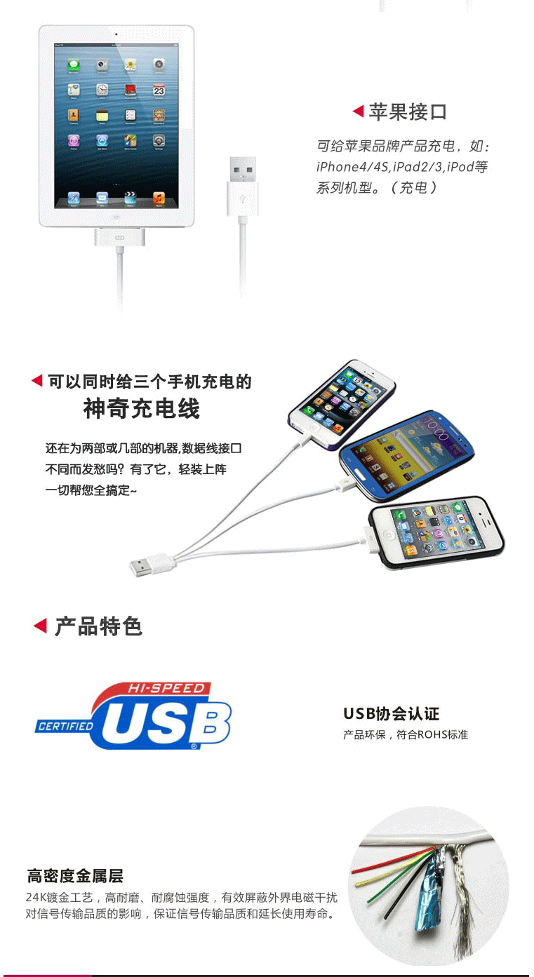 多功能数据线 苹果5S 三星S4 iPhone4S USB三合一 多头手机充电器