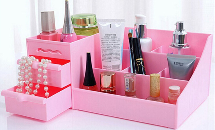 全新塑料 带抽屉 桌面化妆品收纳盒 粉色