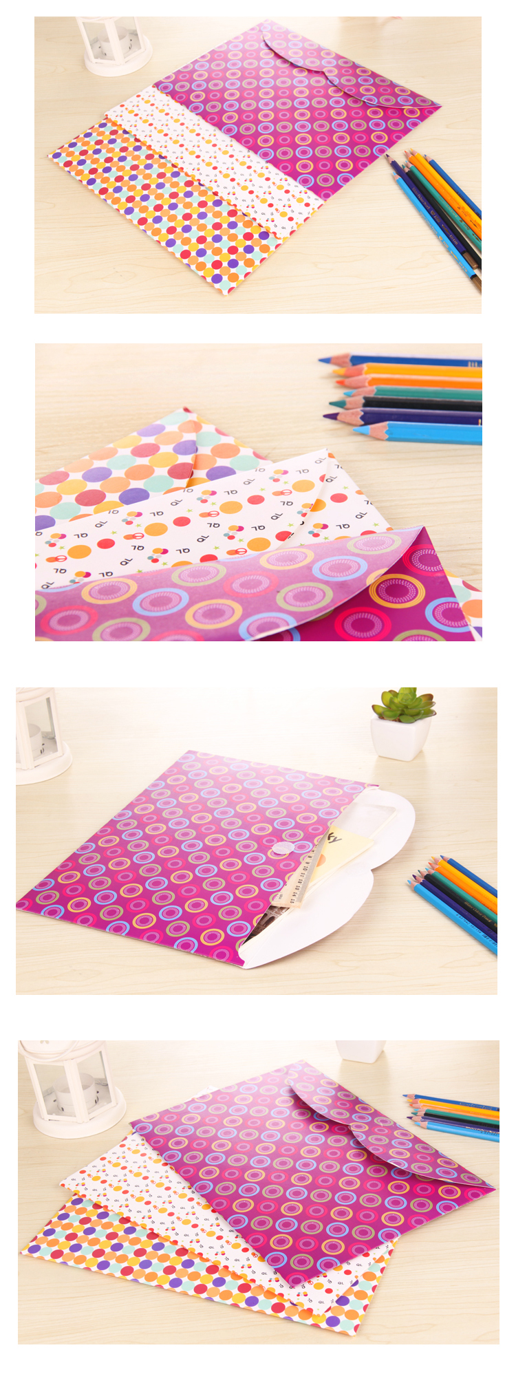 畸良创意圆点文件袋 横版魔术贴卡通文件夹（紫色）一只装