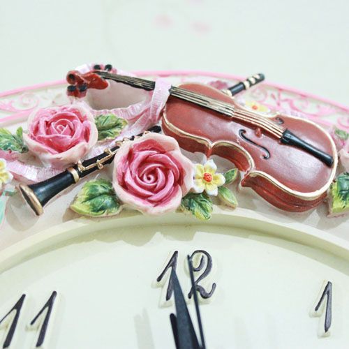  欧式田园 乐器玫瑰浪漫味道时尚小花钟树脂壁饰挂钟