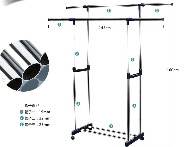 普润 双杆晾衣架升降式 不锈钢伸缩晒衣架 置地晾晒衣架 黑色