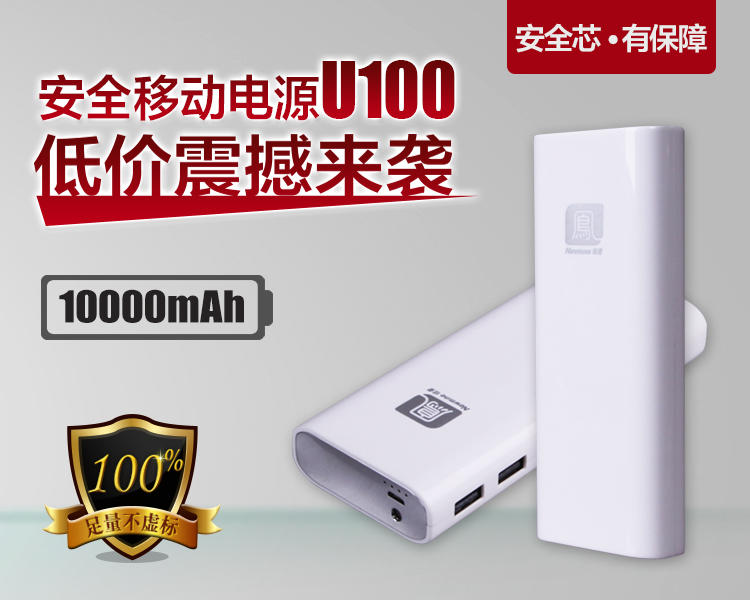 纽曼（Newmine）U100双USB移动电源 10000mAh充电宝 银色、白色