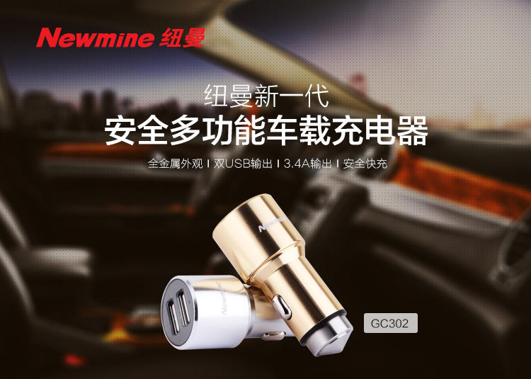 纽曼（Newmine）GC302 车载充电器 车载电源 双usb输出 智能分流3.4A 尊贵银土豪金