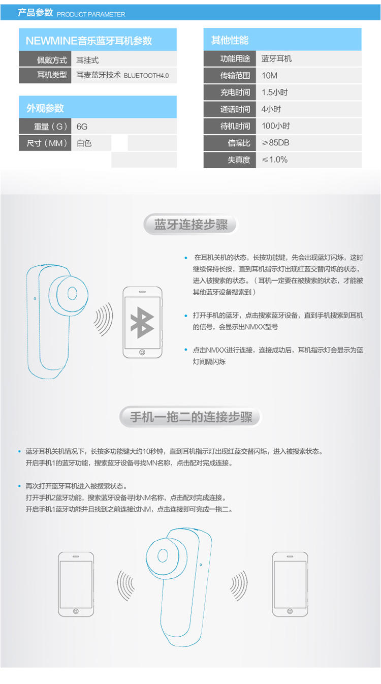 纽曼蓝牙耳机 NM-L19s 蓝牙4.0通用型车载无线迷你运动挂耳式立体声双耳塞