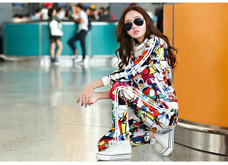 HTK韩版时尚休闲套装女连帽修身卫衣个性印花运动服两件套WT530