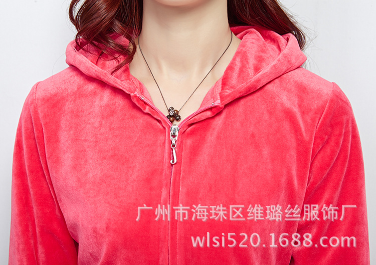 HTK春装新品女装奢华烫钻连帽全棉天鹅绒休闲套装女WT503