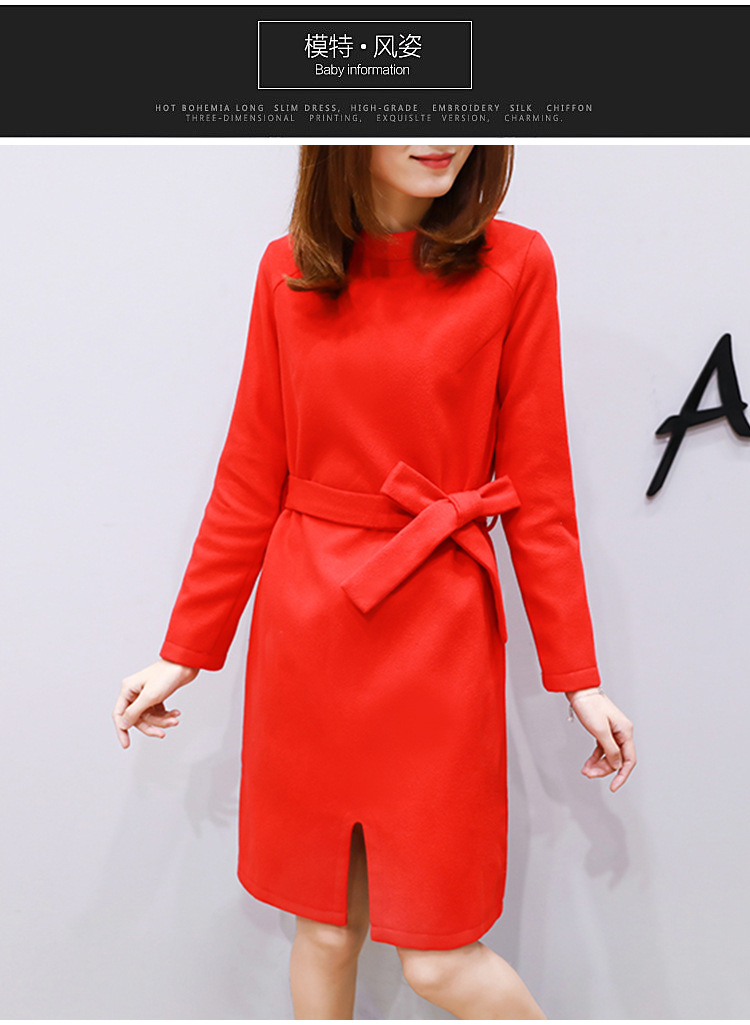 H 2017春季新款韩版修身显瘦纯色裙 时尚系带连衣裙