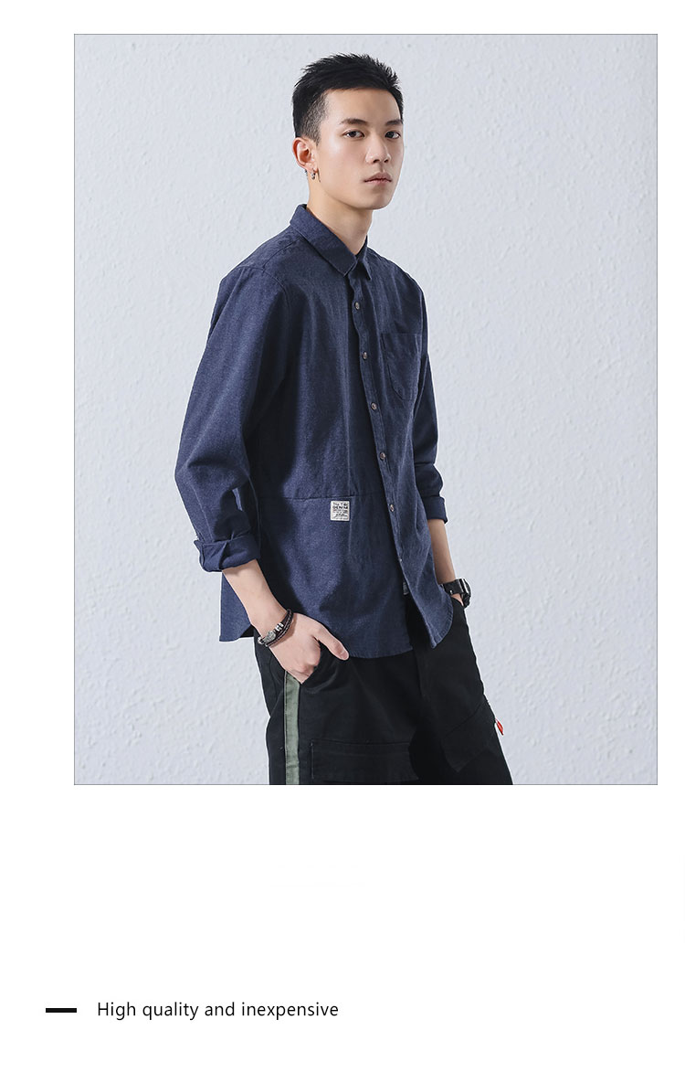 G2018春装新款男士日系原创原宿水洗复古长袖衬衫男蓝色