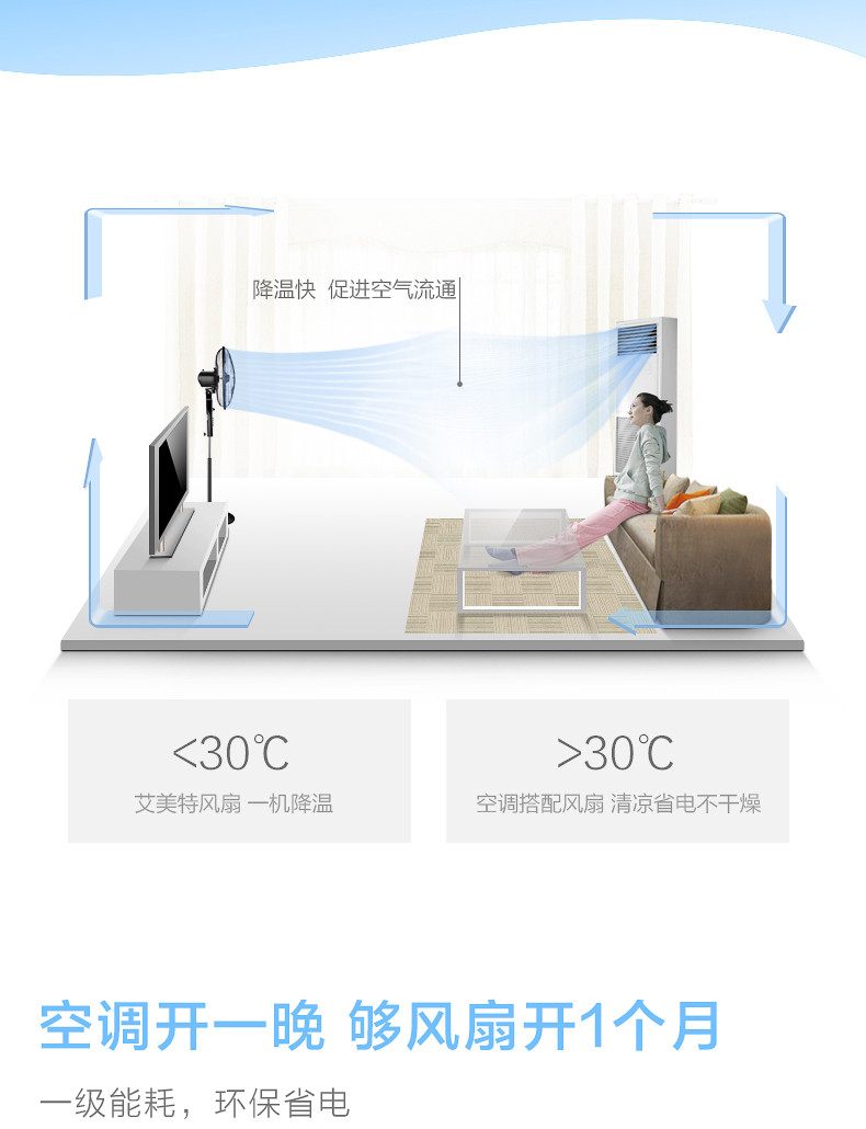 艾美特电风扇FSW65T2-5家用机械式落地扇 静音摇头升降台立式风扇