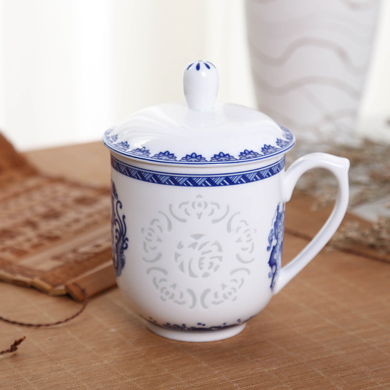利和陶瓷景德镇青花玲珑如意茶杯手工镂空陶瓷茶杯 个人杯办公杯 会议杯带盖陶瓷杯