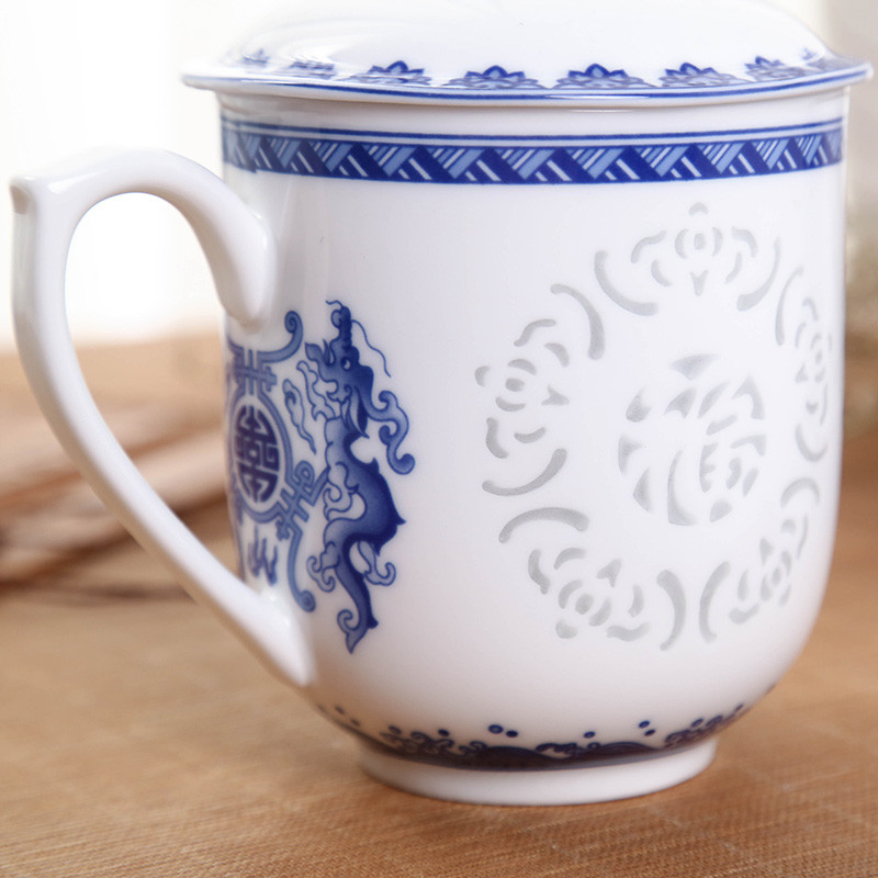 利和陶瓷景德镇青花玲珑如意茶杯手工镂空陶瓷茶杯 个人杯办公杯 会议杯带盖陶瓷杯