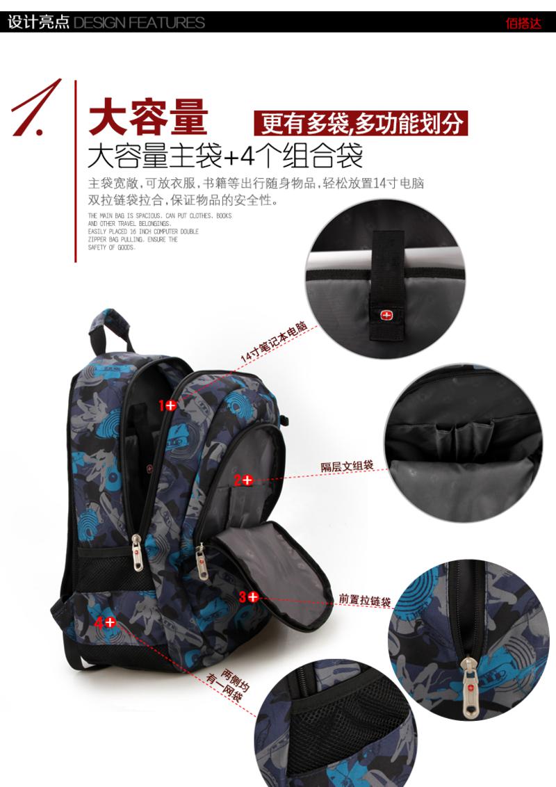 瑞士军刀2015新款男士双肩包韩版时尚迷彩印花多功能旅行电脑背包SA1429蓝色