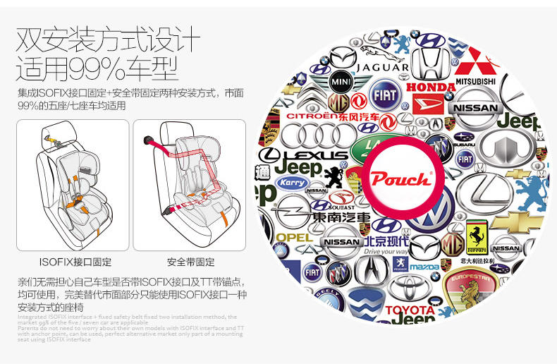 Pouch儿童安全座椅汽车宝宝安全坐椅 isofix硬接口9个月-12岁德国 KS16