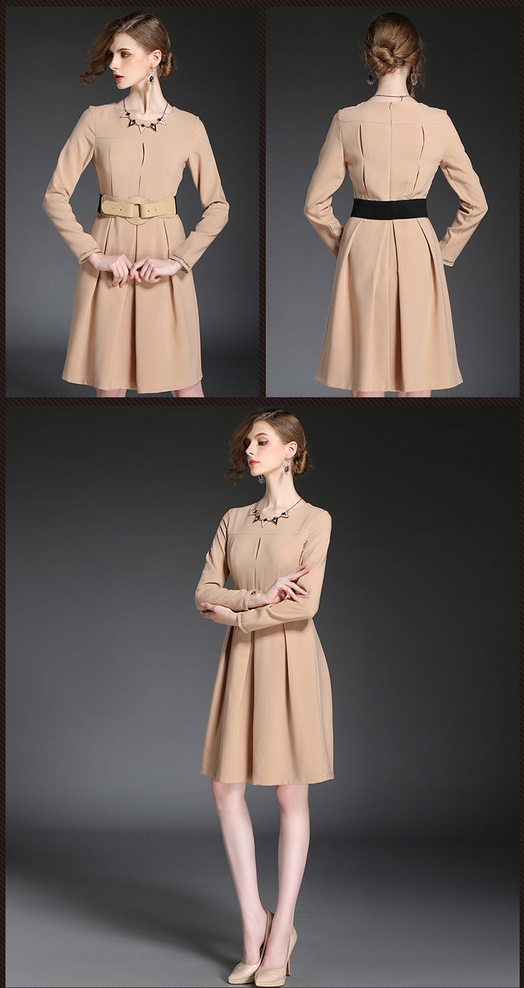 蒂妮佳 欧美时尚新款纯色A字通勤连衣裙 D7674