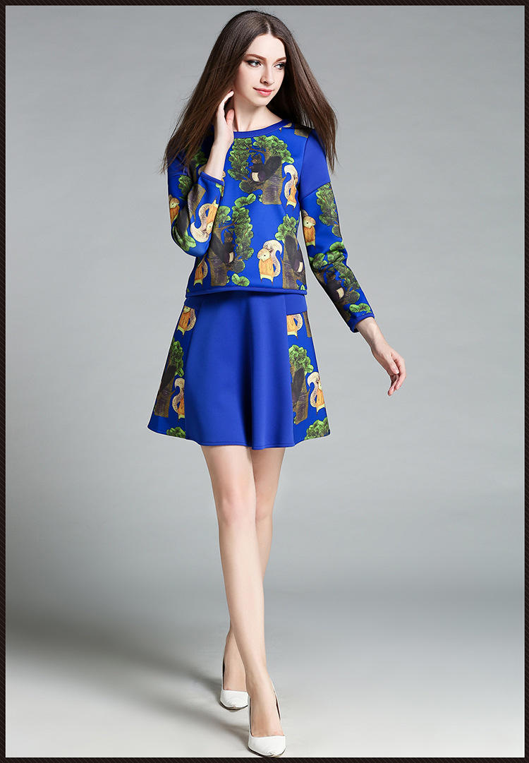 蒂妮佳 1431 ◆欧美秋装新品植物印花上衣+裙子两件套
