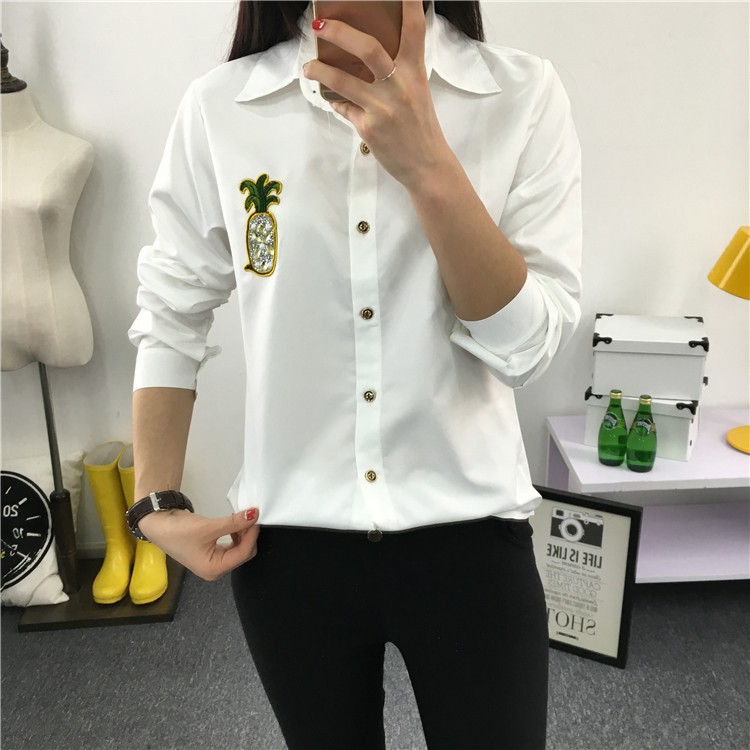 蒂妮佳 白色雪纺衬衫女 韩版修身上衣烫钻学生长袖t恤衬衣YY9735