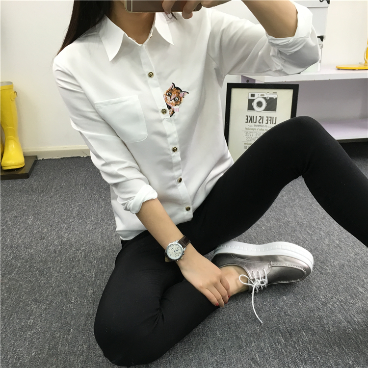 蒂妮佳 猫咪白色棉衬衫女 烫钻刺绣长袖学生衬衣YY8872