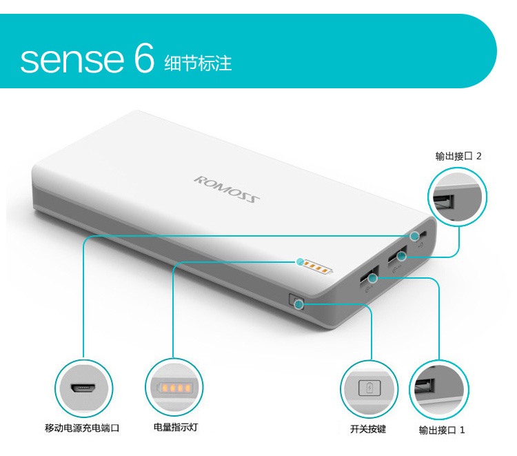 罗马仕（ROMOSS）sense6加量版超智能 20000mAh移动电源充电宝