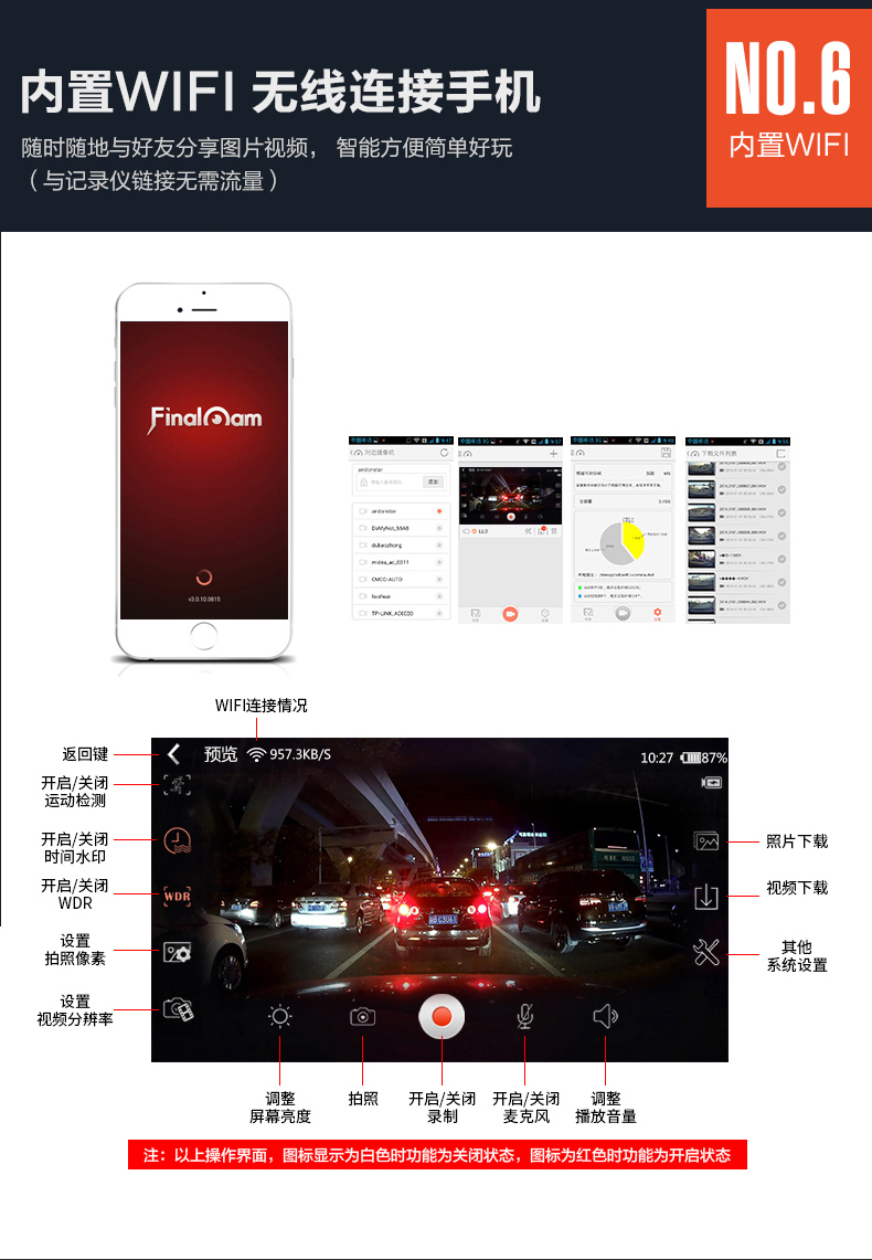   行车记录仪内置独立WiFi连手机高清500万像素170度广角